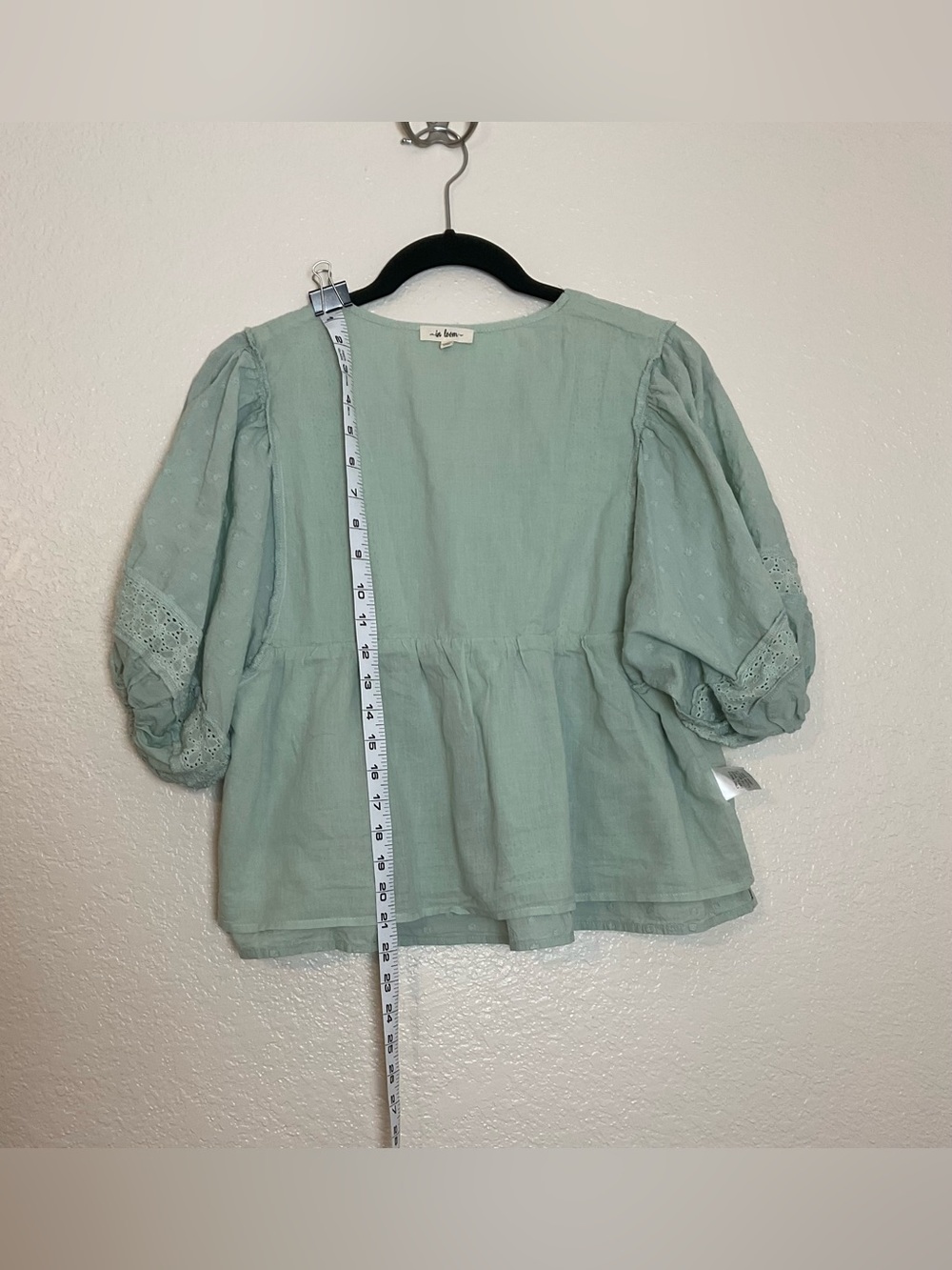 In Loom 100% Cotton Sage Green Swiss Dot Lace Trim Babydoll Blouse Size M - Picture 5 of 9